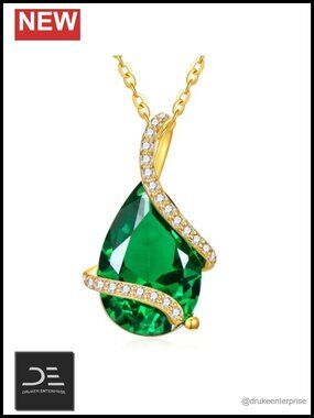 14K Gold Pear Shaped Created Emerald Necklace Pendant 4 Carat Women's Gift